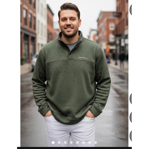 Eddie Bauer Other - Eddie Bauer Mens XL Green Marled Snap Mock Neck Fleece Pullover Sweater